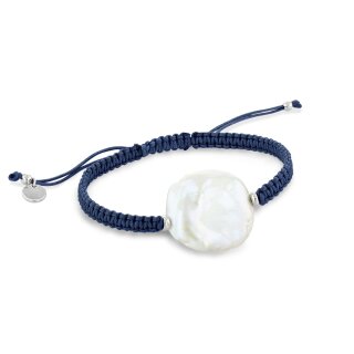 Armband aus blauer sythetischer Seide, 925/- Sterlingsilber und einer Süßwasser-Zuchtperle.
